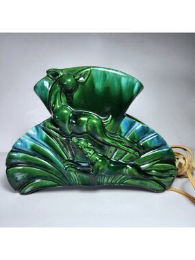 Vintage Ceramic Planter Lamp – Leaping Deer – Mid Century Green Glaze
